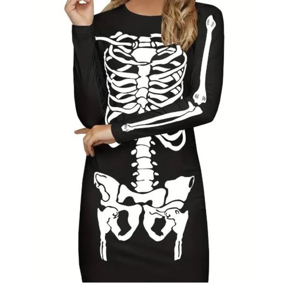 💙3/$60💙Halloween Skeleton Long Sleeve Dress Mini Fitted size 14 - Picture 3 of 7